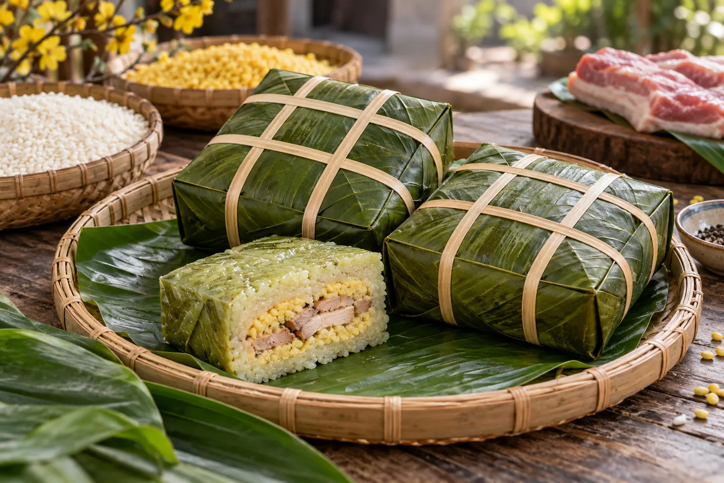 Bánh chưng và miếng bánh đã cắt trên mẹt