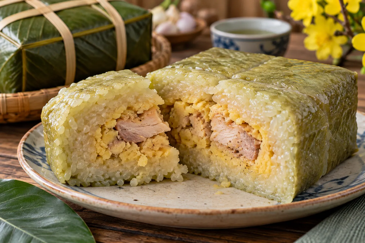 Mặt cắt bánh cho thấy lớp nếp bao quanh phần nhân.