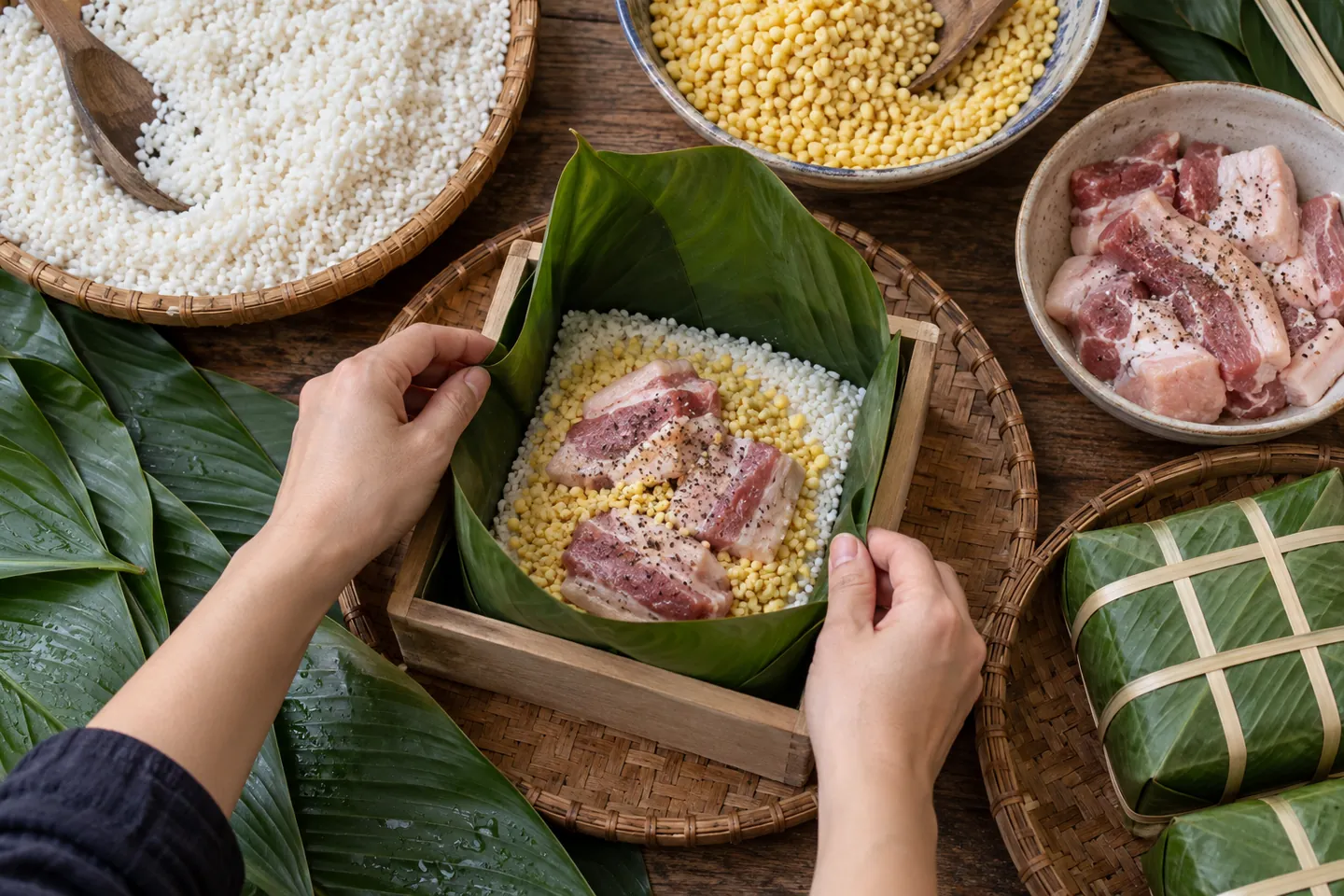 Chuẩn bị lá, gạo và nhân trước khi bắt đầu gói bánh.