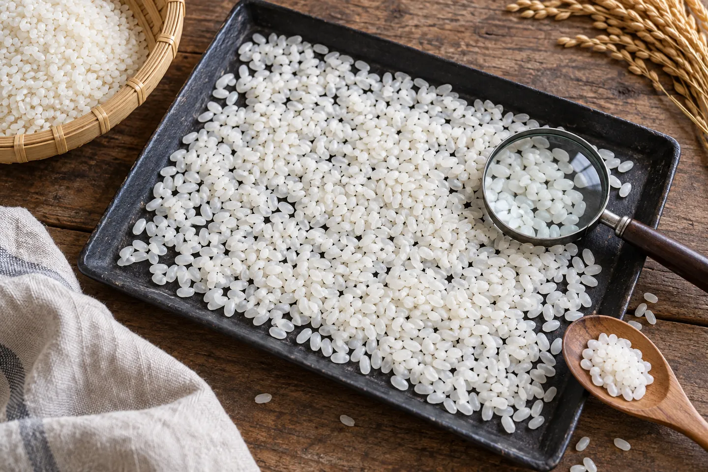 Trải gạo thành lớp mỏng để dễ quan sát hạt.