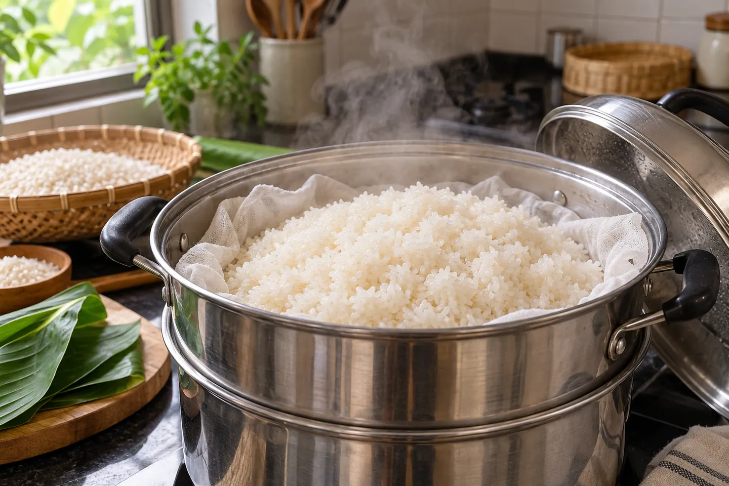 Xôi trắng trong xửng hấp mở nắp