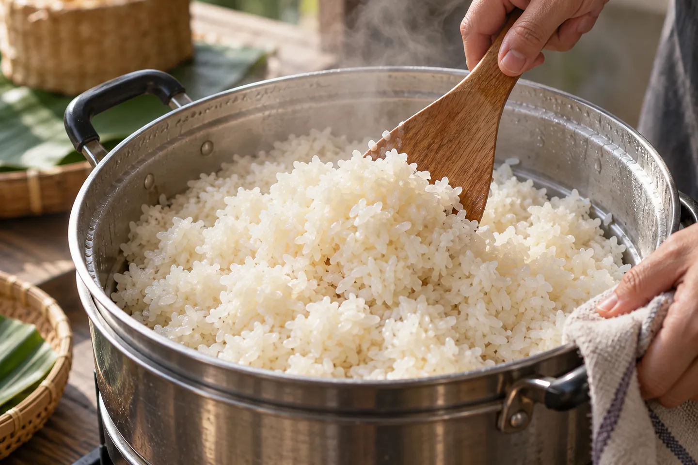 Muôi gỗ xới xôi trong xửng