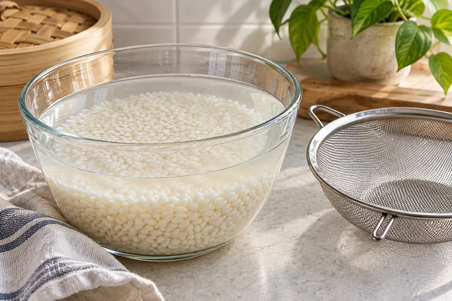 Bát gạo ngâm nước bên rổ để ráo