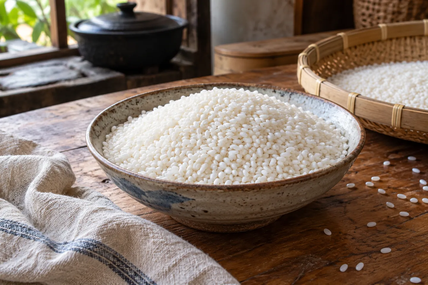 Bát gạo nếp trắng trên bàn gỗ cạnh mẹt tre