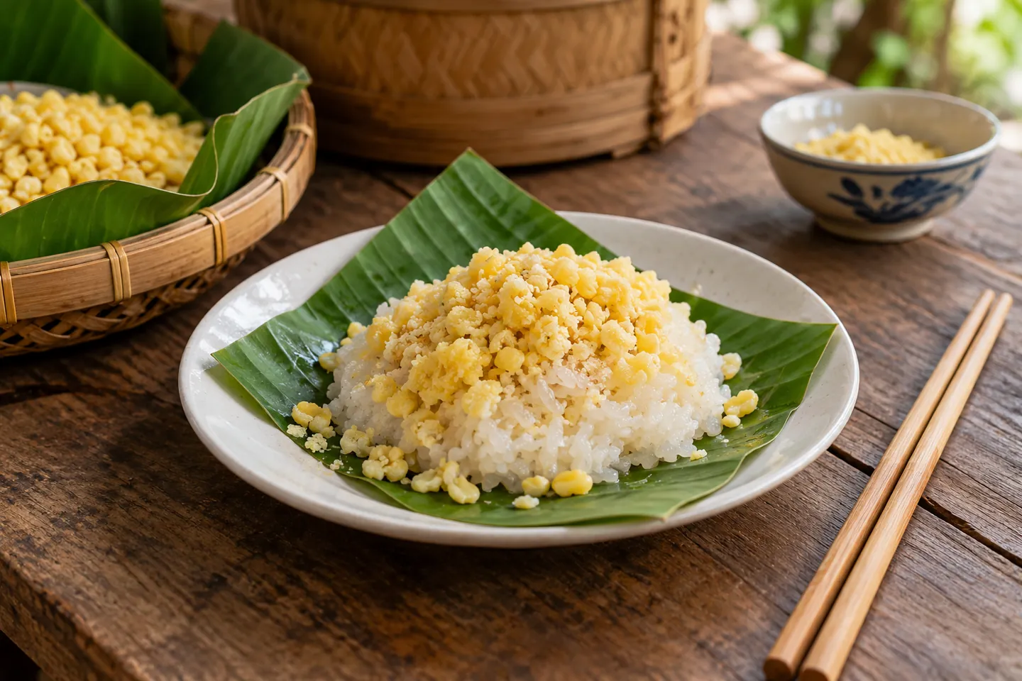 Đĩa xôi trắng ăn cùng đỗ xanh