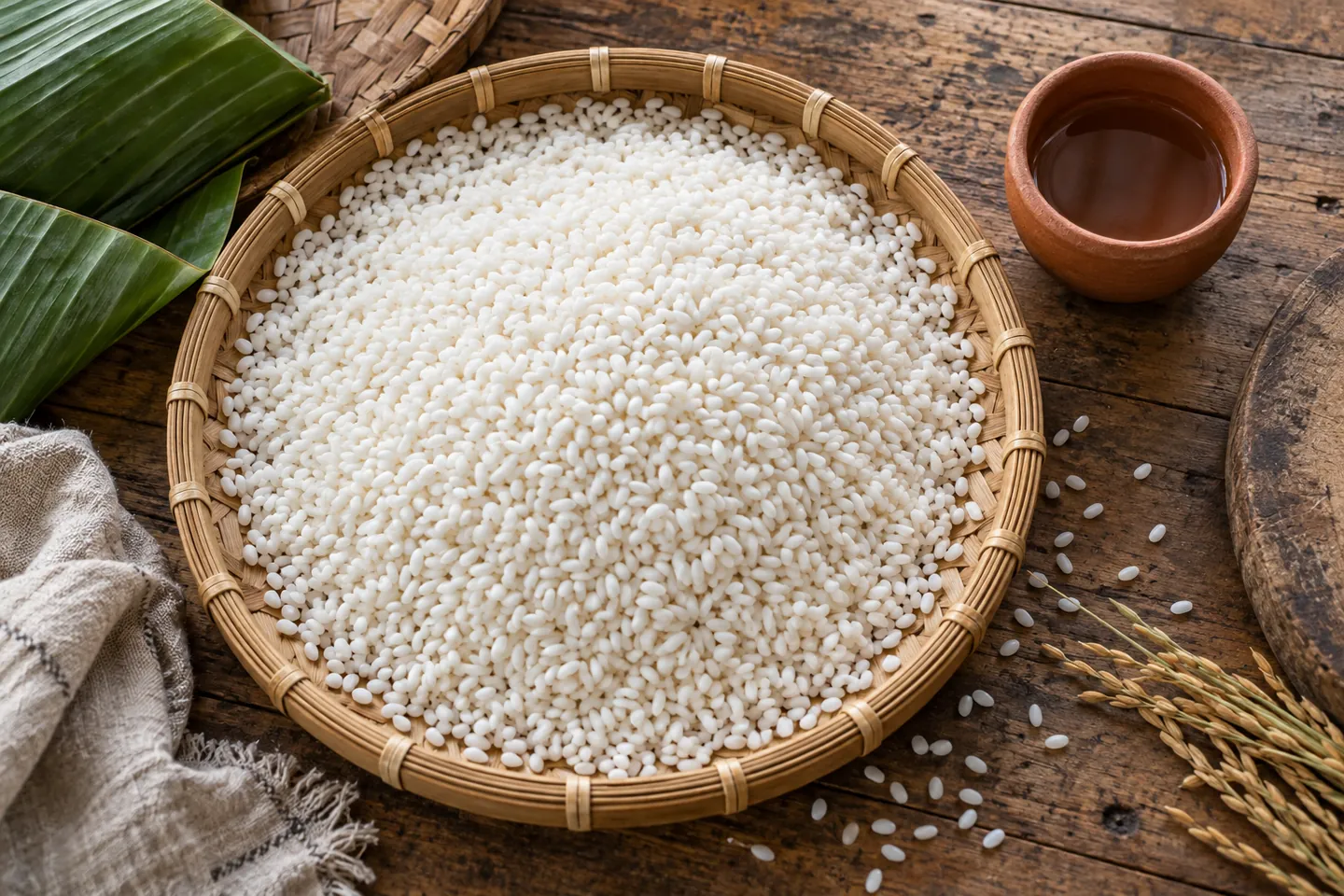 Gạo trắng trên mẹt tre cạnh cốc gốm