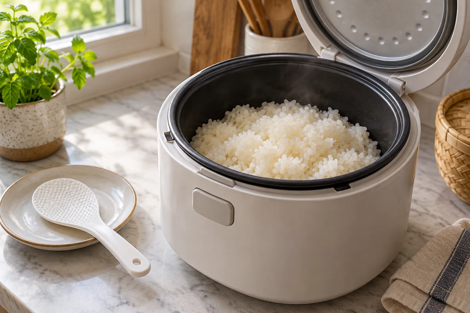 Xôi trắng trong lòng nồi cơm điện mở nắp