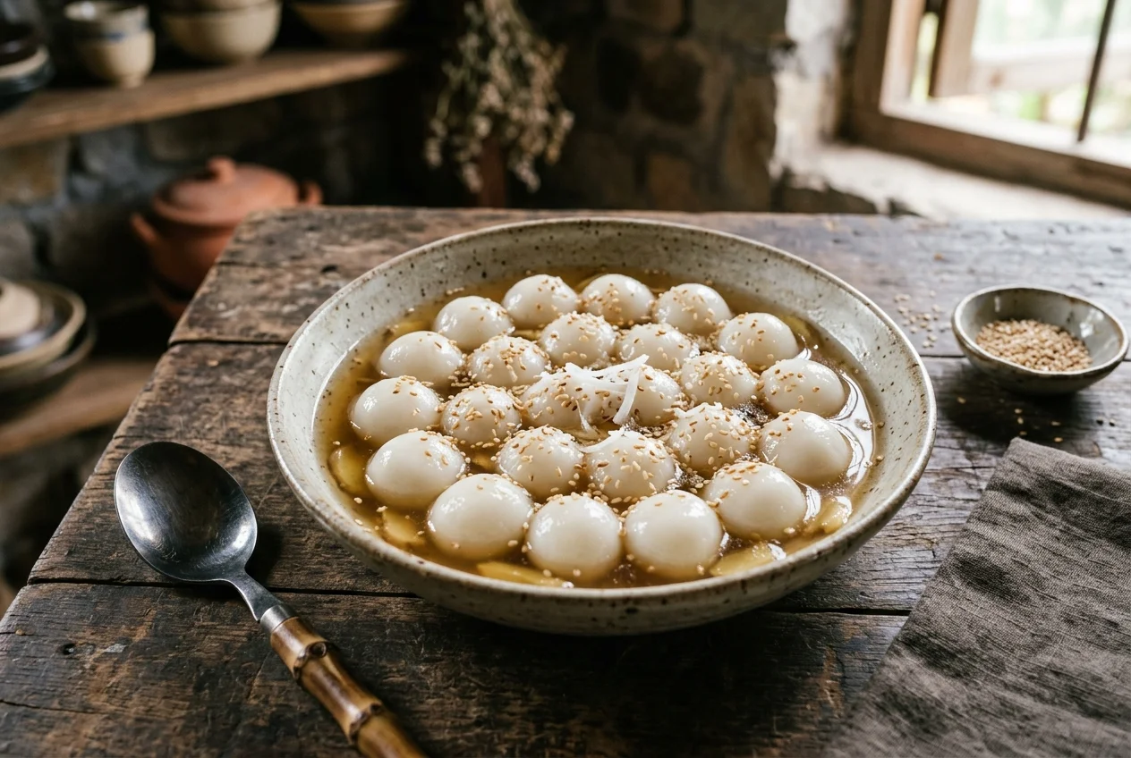 Bát bánh trôi trắng tròn trong nước gừng vàng rắc vừng trên bàn gỗ