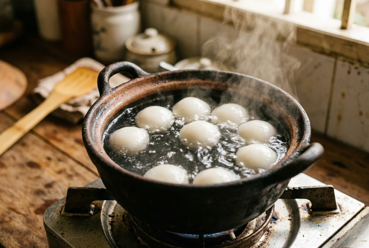 Bánh trôi trắng nổi trong nồi nước sôi có khói bốc nhẹ
