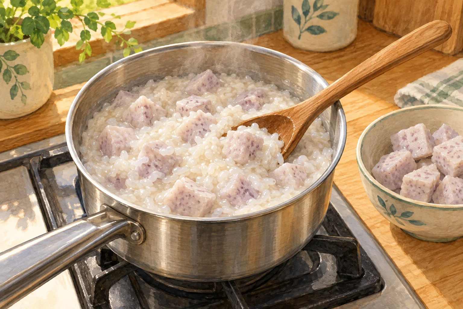 Khoai môn đã hấp được trộn nhẹ vào nồi chè nếp chín mềm.