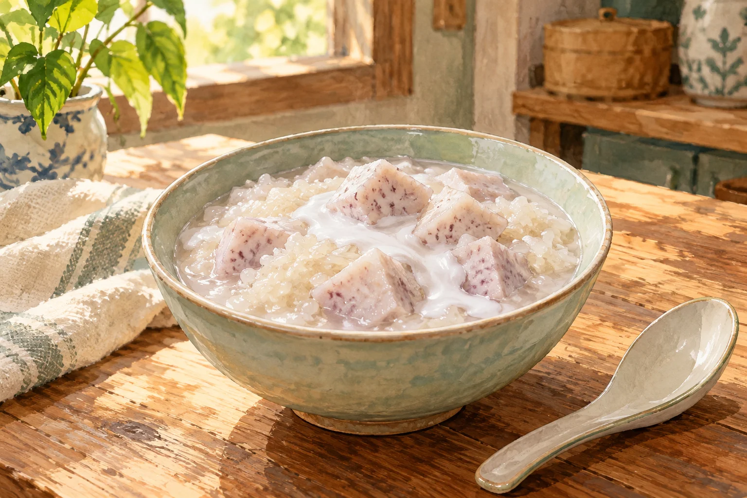 Bát chè nếp khoai môn chan nước cốt dừa trên bàn gỗ
