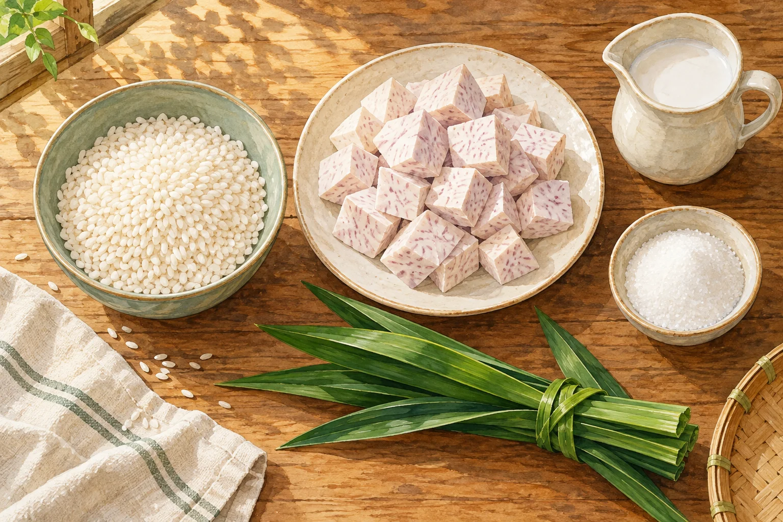 Gạo nếp, khoai môn cắt miếng, nước cốt dừa, đường và lá dứa trên bàn bếp.