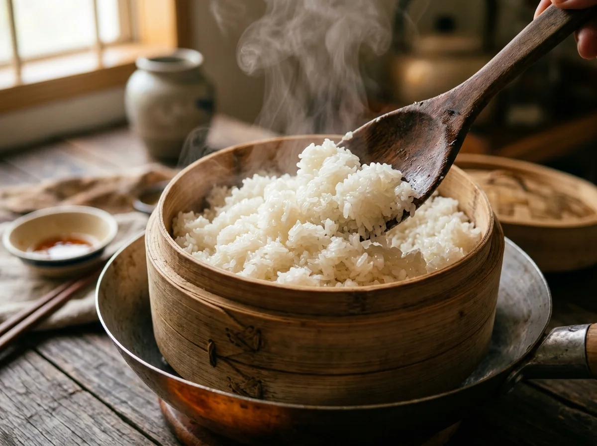 Muôi gỗ xới xôi trắng dẻo mềm bốc hơi nghi ngút trong chõ đồ xôi trên bếp