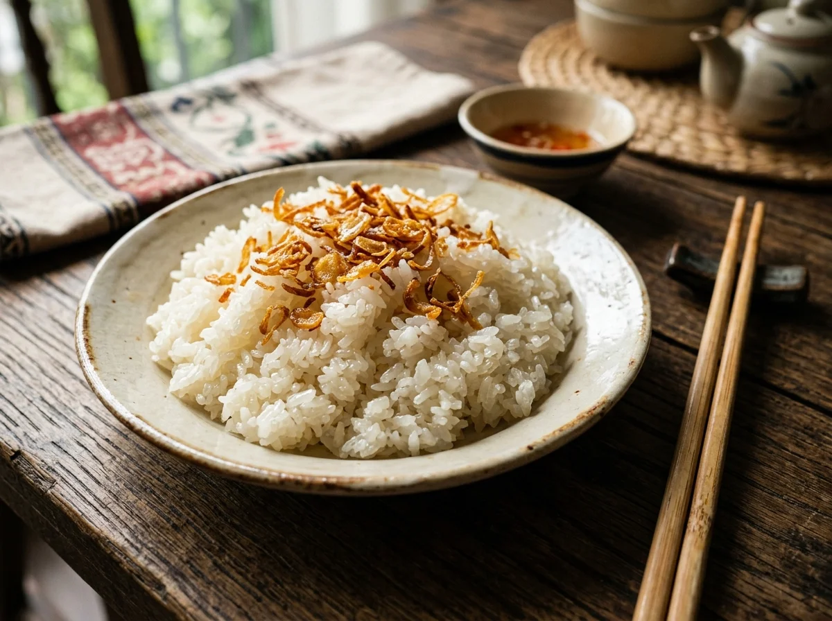 Đĩa xôi trắng đồ hai lửa nở căng tròn mềm dẻo bóng mượt rắc hành phi thơm trên bàn ăn