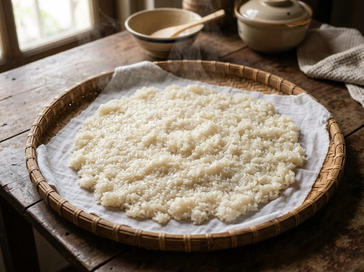 Xôi nếp sau lần đồ thứ nhất được tãi mỏng trên mẹt tre lót khăn mộc cho thoát bớt hơi ẩm thừa