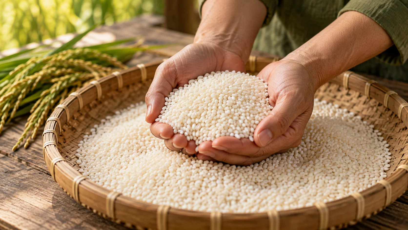 Đôi tay nâng hạt gạo nếp trên mẹt tre