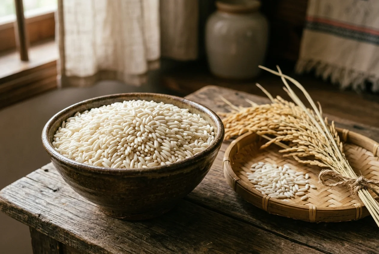 Bát gốm đựng gạo nếp nương Điện Biên hạt to dài màu trắng đục bên mẹt tre mộc mạc