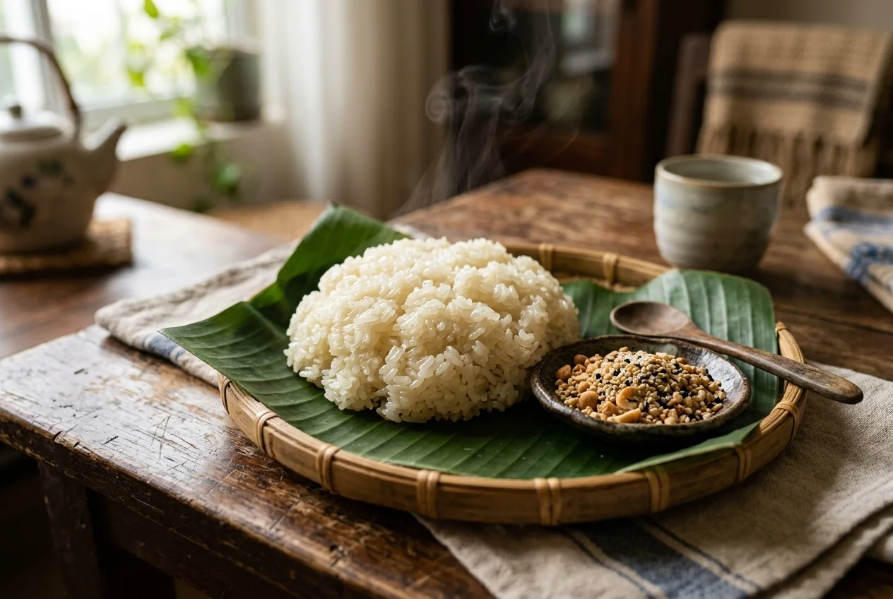 Mẹt xôi nếp nương bốc khói dẻo mềm lót lá chuối bên đĩa muối vừng lạc rang