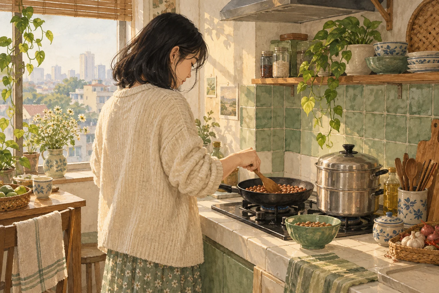 Tranh minh họa An rang lạc bên nồi xôi trong căn bếp sáng cuối tuần.