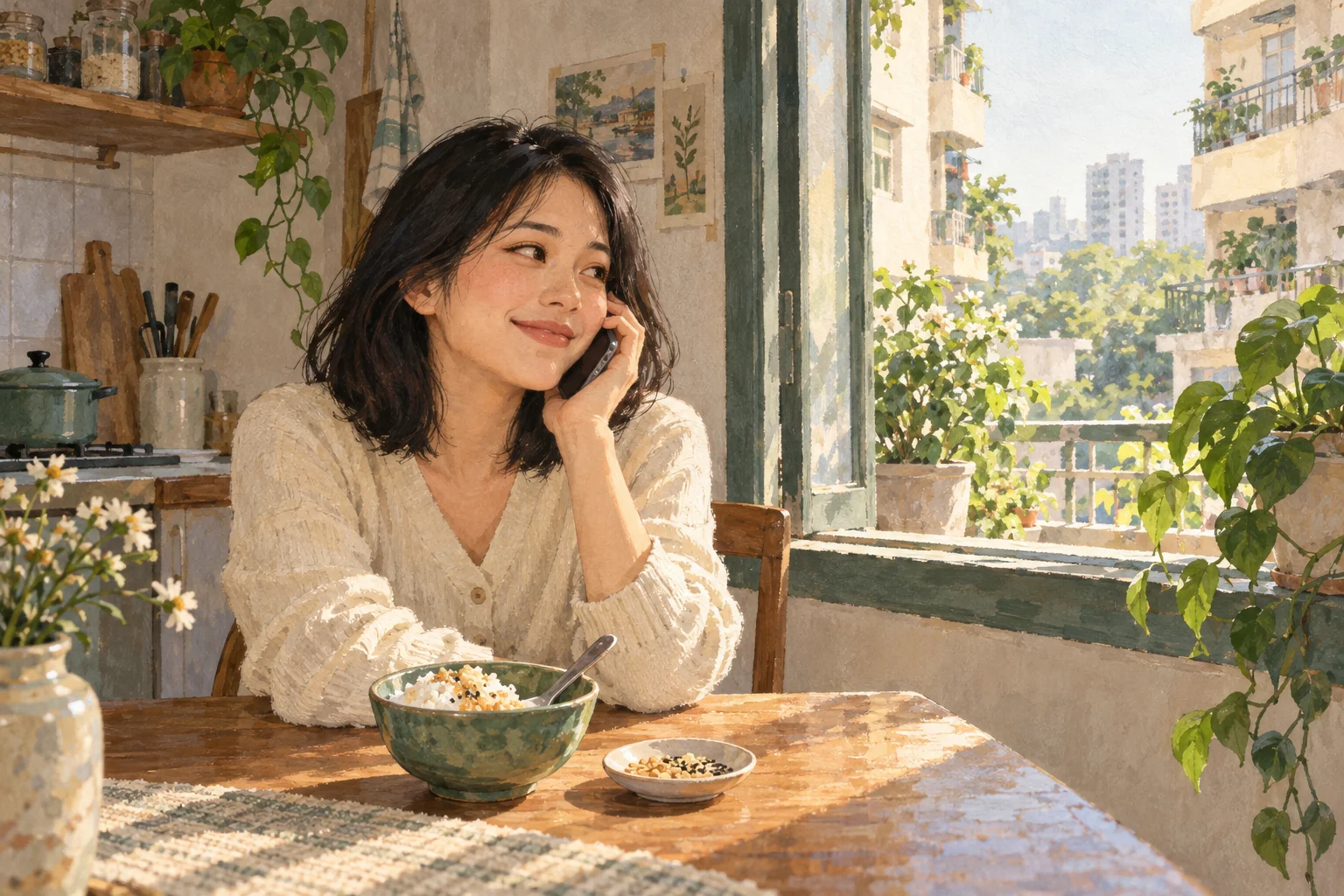 Tranh minh họa An gọi điện về nhà bên bát xôi và đĩa muối vừng.