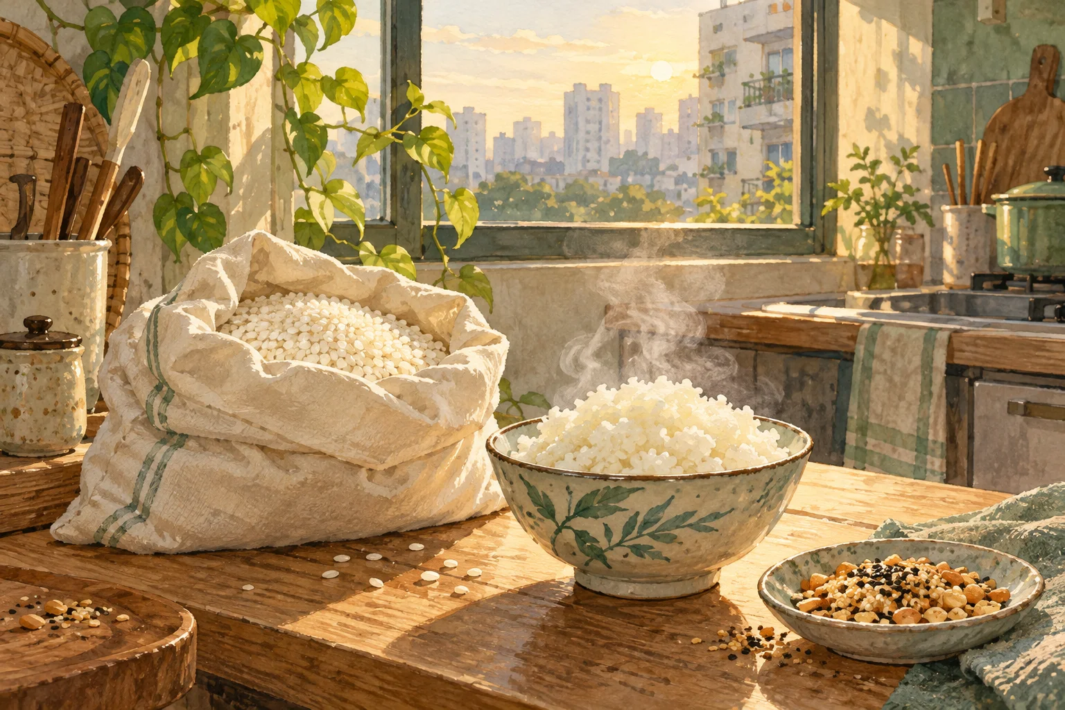 Tranh minh họa túi gạo nếp và bát xôi bên cửa sổ căn bếp buổi sáng